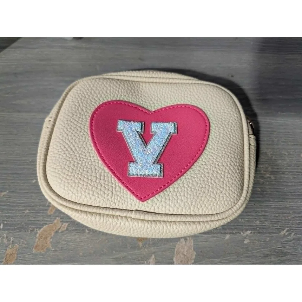 Kids Cream Faux Leather Heart Glitter Letter V Crossbody Bag Pouch Cream Pink